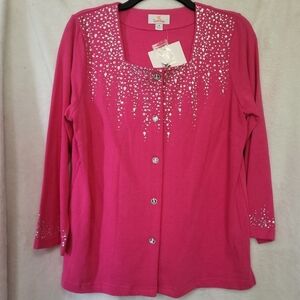 Quacker Factory Hot Pink Cardigan with Crystals and Studs  Size Medium NWT